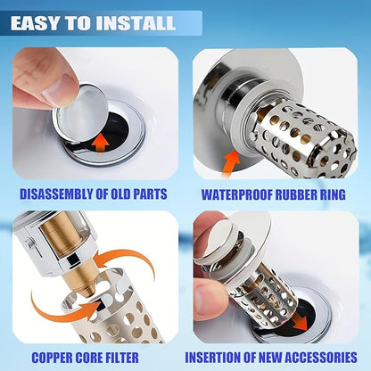 Upgraded Bathroom Sink Stopper Drain Strainer for 1.1-1.45 Inch,Universal Pop Up Stopper with Removable Stainless Steel Filter Basket Hair Catcher,Brass Bounce Core for US Universal