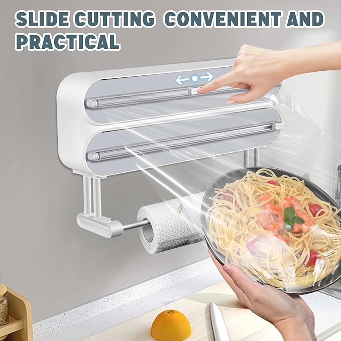 AUSTUFF 3 in 1 Plastic Wrap Dispenser with Cutter，Magnetic Aluminum Foil and Adhesive Film Organizer, Wall Mount Kitchen Wrap Organizer, Cling Wrap Dispenser with Paper Towel Holder and Cutter
