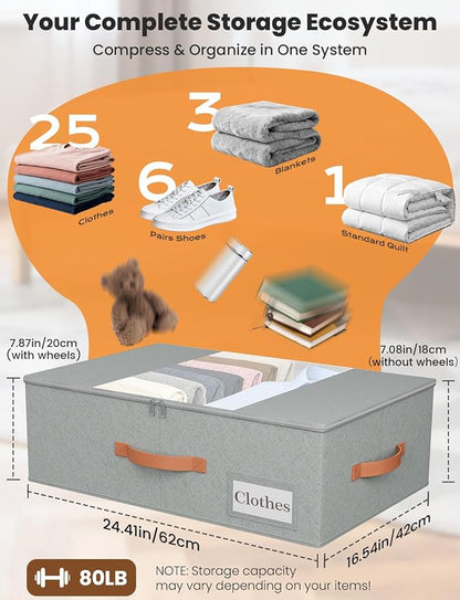 TOSKING 2-Pack Under Bed Storage Bins with Wheels, 4 Vacuum Bags, Heavy Duty 80 lbs, 7.9" Height, 47L Clear Lid Organizer, Space Saver for Dorm Bedroom Clothes Shoes Toys, Quick Assembly, Gray