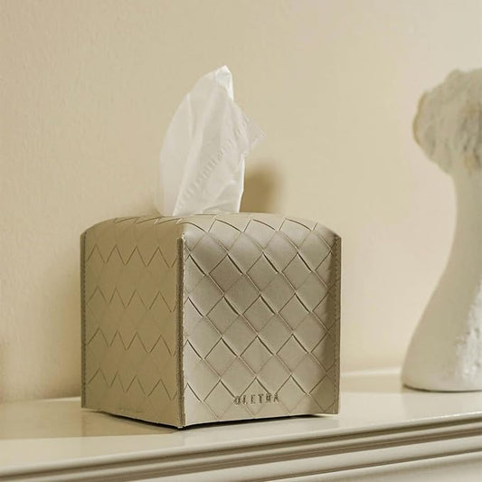 OLETHA Square Tissue Box Cover - Aesthetic Desk Decor for Room, Home & Office - Tissues Cube Boxes Holder - Woven Textured, Light Taupe, Set of 2