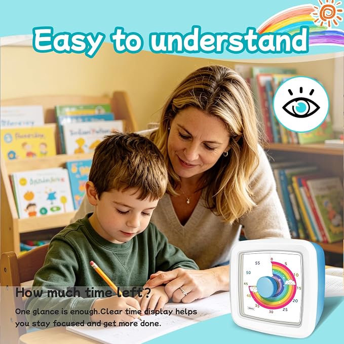 Visual Timer for Kids, 60-Minute Silent Countdown Timer with Rainbow Design, Cube Time Management Tool Timers for Classroom Cooking Homework ADHD, No Loud Ticking Kids Visual Timer,White Blue