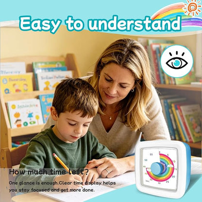 Visual Timer for Kids, 60-Minute Silent Countdown Timer with Rainbow Design, Cube Time Management Tool Timers for Classroom Cooking Homework ADHD, No Loud Ticking Kids Visual Timer,White Blue