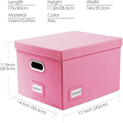 PRANDOM File Organizer Box - Set of 1 Collapsible Decorative Linen Filing Storage Hanging File Folders with Lids Office Cabinet Letter/Legal Pink (17x14x11.2 inch)