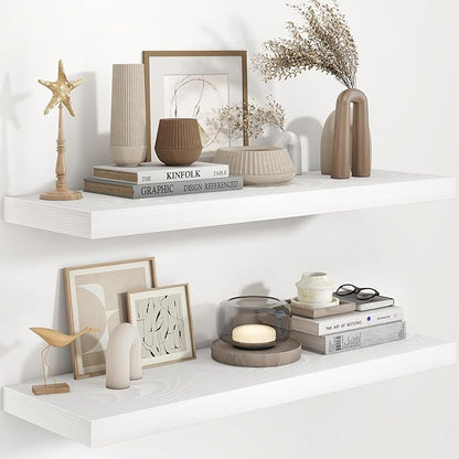 Fun Memories White Floating Shelves 36 Inch Long, 9.3 Inch Deep Floating Shelf 2 Pack for Wall Bathroom, Living Room, Kitchen, Large Long Wall Shelves with Heavy-Duty Bracket for Books Decor