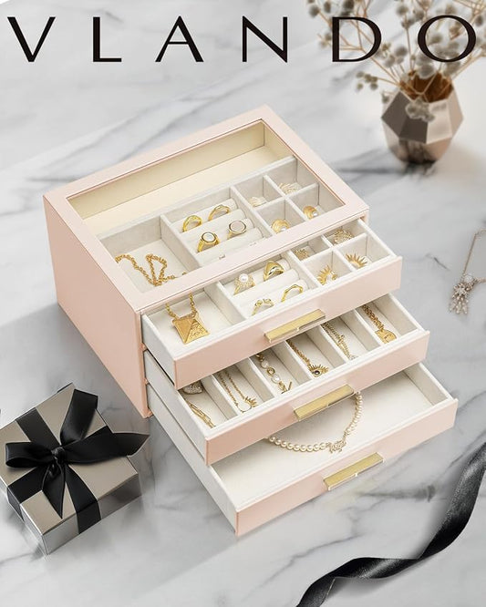 VLANDO Jewelry Box for Women, Glass Lid Jewelry Organizer with 3 Drawers for Necklaces Rings Earrings Bracelets - Nude Pink