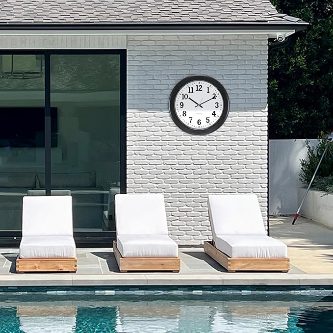 Caysie 12 Inch Sealed Indoor Outdoor Clock Waterproof, Silent Battery Operated Weatherproof Wall Clocks for Pool Patio Outside Home (Black)