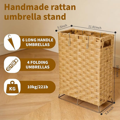Rattan Umbrella Stand with Built-in Water Reservoir & Hooks, Hand Woven Umbrella Rack Organizer Freestanding - Stable, High-Capacity Organizer for Home and Office - 11.8" L x 5.5" W x 16.5" H