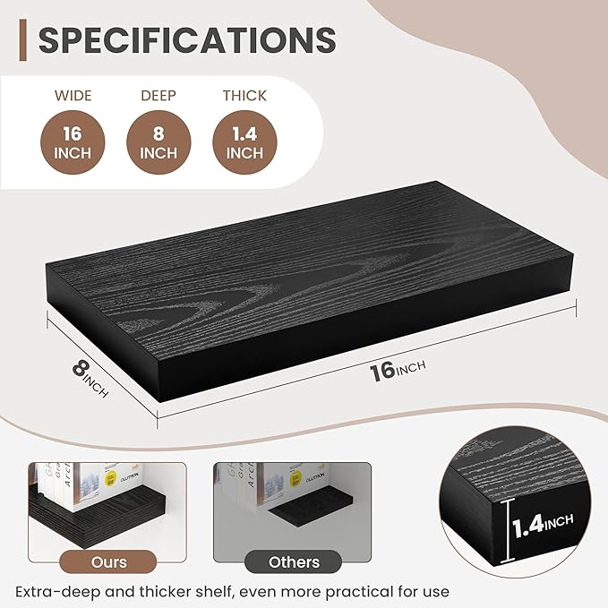 Acovy 16 Inch Floating Shelves, 8 Inch Deep Floating Shelves for Wall, Hanging Shelf with Invisible Brackets, Deep Shelves for Bathroom, Bedroom, Living Room, Black, Set of 2