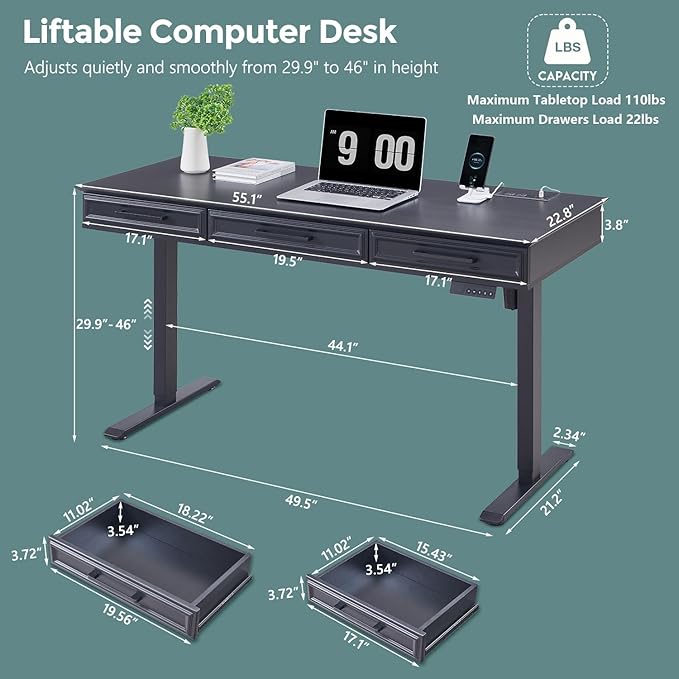 Electric Standing Desk with 3 Storage Drawers, 55x22 Inch Adjustable Height Office Computer Desk w/One-Piece Desktop & Power Outlets,Sit to Stand Up,Gaming Table for Home and Study, Black