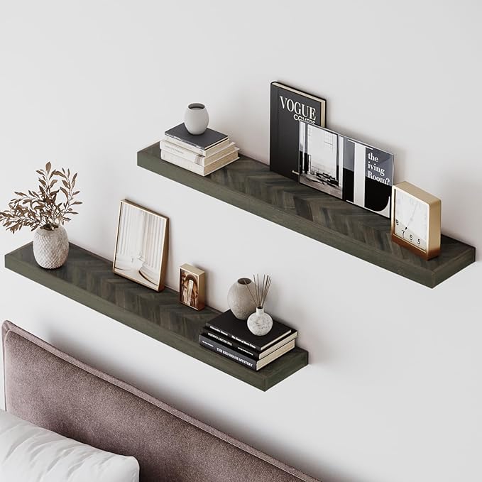 Howizz 48" Rustic Farmhouse Floating Shelves – Set of 2 Acacia Wood Shelves for Stylish Wall Decor in Kitchen, Bathroom, Unique Chevron Pattern, Mocha Color, 48x8x1.5 Inches - Set of 2 - DIY
