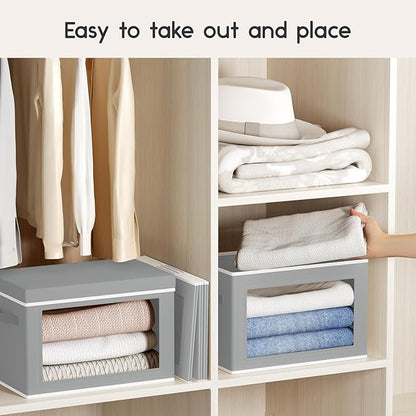 Collapsible Storage Bins with Lids - Stackable Storage Containers with Window, 15.7 Inch Fabric Organizing Bins for Closet, Home & Office Organization Baskets, Grey, 3 Pack