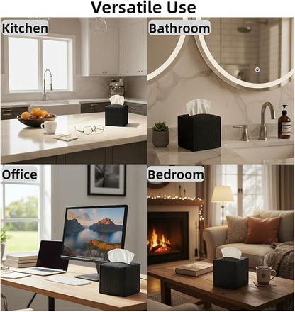 Tissue Box Cover 2-Pack, Square Tissue Holder with Bottom Belt, Modern Tissue Case Facial Paper Organizer Dispenser for Bathroom, Office, Home, Table, Car, Black, Linen Pattern