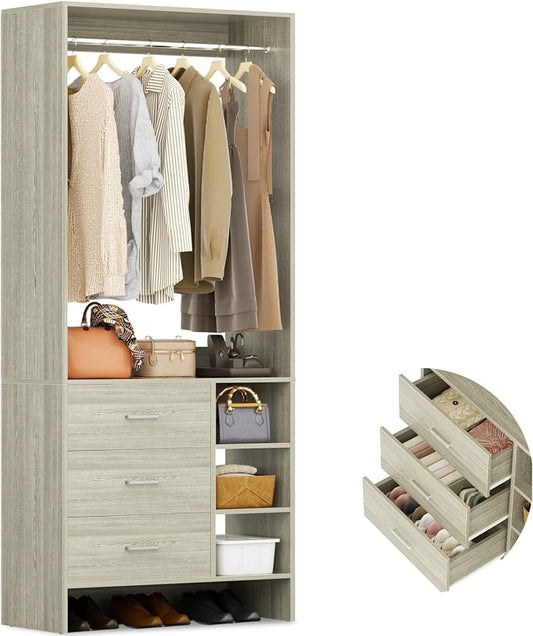 Aheaplus 2.5FT Closet System with 3 Drawers, 29.5’’ Closet Organizer, Wood Closet Organizer System, Walk-in Closet or Small Closets Wardrobe, Clothes Rack with Hanging Rods,-E6, White Oak