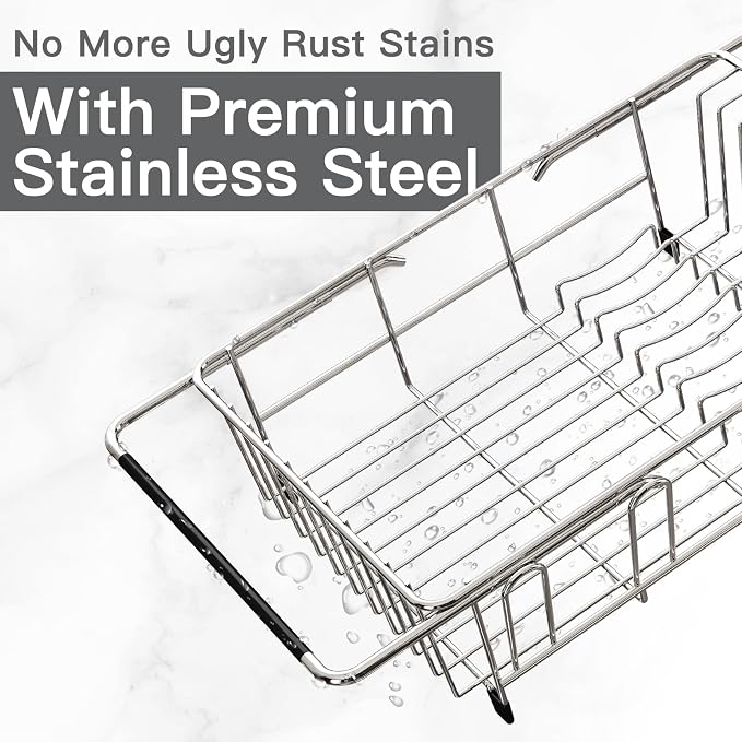 Over the Sink Expandable Dish Drainer Drying Rack In Stainless Steel for Small Kitchen, Counter Space Saving Modern Compact Metal Above Plate Dryer Strainer, Adjustable Hanging Inside Drain Holder | Expandable Stainless Steel Dish Drainer for Small Kit...