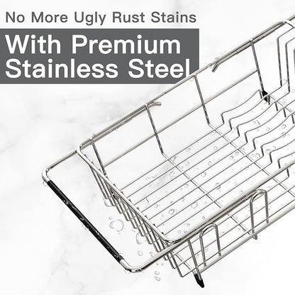 Over the Sink Expandable Dish Drainer Drying Rack In Stainless Steel for Small Kitchen, Counter Space Saving Modern Compact Metal Above Plate Dryer Strainer, Adjustable Hanging Inside Drain Holder | Expandable Stainless Steel Dish Drainer for Small Kit...