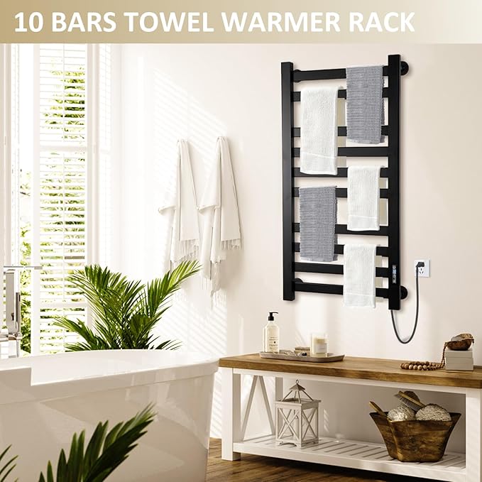 Heated Towel Rack for Bathroom Towel Warmer Racks Wall Mounted with Timer & Temperature Multi-Level Adjustments with 10 Bars for Bathroom Shower Hot Tub Spa(Black)