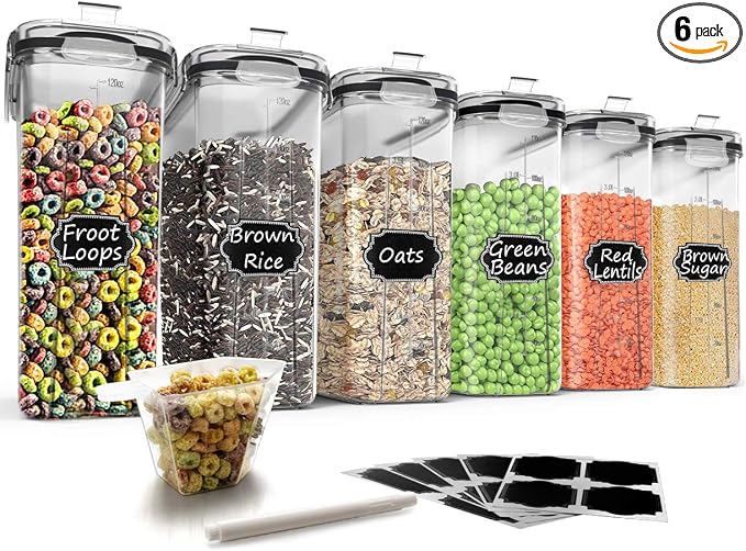 Wildone Cereal Storage Containers Set, Large BPA Free Plastic Airtight Food Storage Containers 4L for Flour, Sugar, 6 Piece Set Cereal Dispensers with 20 Labels & Marker, Black