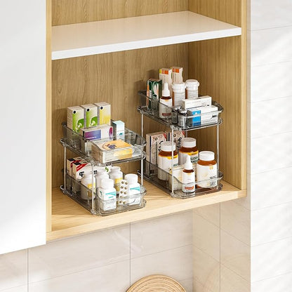 Delamu 2-Tier Under Sink Organizers and Storage, Multi-Purpose Stackable Bathroom Cabinet organizers, Pull Out Kitchen Pantry Organization and Storage with Dividers(3 Pack, Grey)