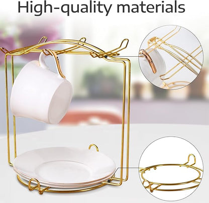 Tea Cups and Saucers Holder,Metal Tea Cups Coffee Cups Rack,Organizer for Coffee Cup Spoon and Saucers (Gold)