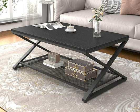 LVB Black Coffee Table, Metal Wood 2 Tier Center Tables with Storage Shelf, Modern Rectangular Cocktail Tea Table for Living Room, Wooden Middle Concrete Table for Office Bedroom, 39 inch, Black Oak