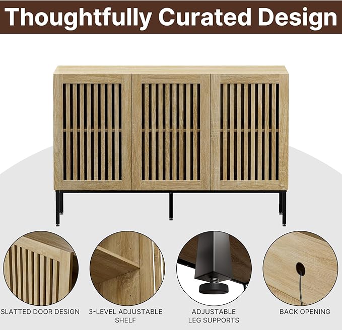 Buffet Cabinet with Storage,47" Farmhouse Console Table with Metal Base and Adjustable Shelves,Sideboard Coffee Bar Cabinet with 3 Doors for Kitchen,Dining Room,Living Room,Oak