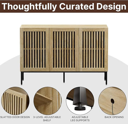 Buffet Cabinet with Storage,47" Farmhouse Console Table with Metal Base and Adjustable Shelves,Sideboard Coffee Bar Cabinet with 3 Doors for Kitchen,Dining Room,Living Room,Oak