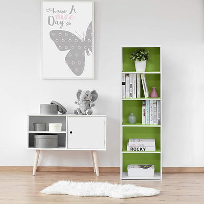 Furinno LUDER Book Shelf, 5-Cube Bookshelf, Bookcase with Open Shelf, 9.4 x 15.8 x 52, for Living Room, Bedroom, Home Office, White/Green