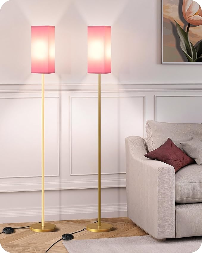 2Pack Floor Lamp, Pole with Foot Switch, Modern Standing Lamp Lampshade, Minimalist Freestanding Lamp (Bulb Not Included), for Living Room, Bedroom Office ETL Listed,Gold and Pink DP07LDP205