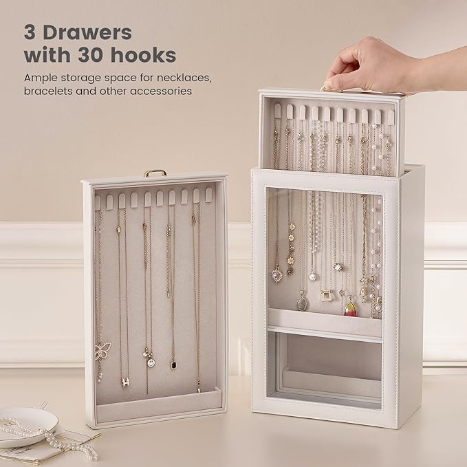 Lolalet Necklace Organizer Box, Jewelry Storage Box with Clear Window for Necklaces Bracelets, Tangle-Free Necklace Display Case for Women Girls, White, 3 Layers 30 Hooks