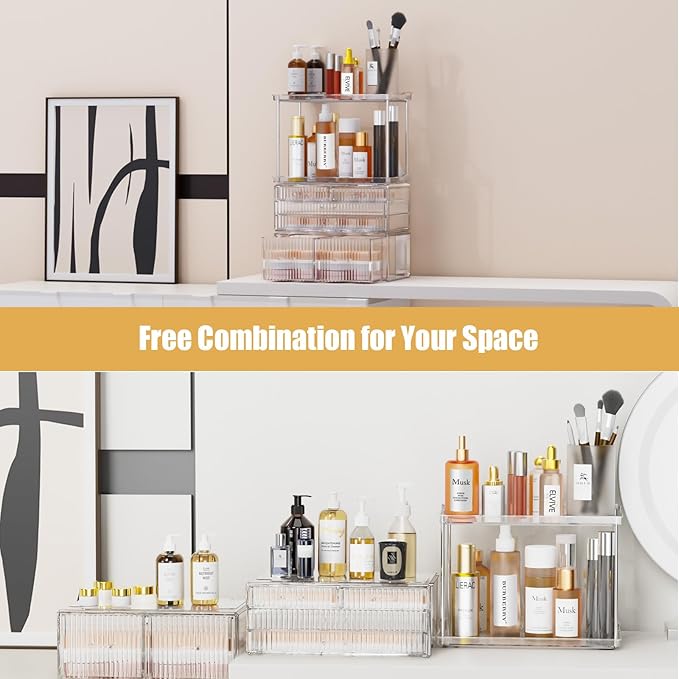 2-Tier 5-Drawer Bathroom Countertop Organizer : Multi-Purpose Makeup Organizer Countertop - Large Skincare Holder Exquisite Vanity Tray - Perfume & Skincare Storage Amber Clear