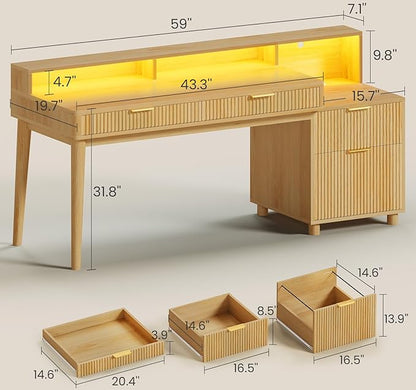 SEDETA 59" Computer Desk with 4 Storage Drawers, Fluted Wood Office Desk with File Drawer, LED Lights and Power Strip, Gaming Table Writing Desk for Home Office, Living Room, Bedroom, Oak