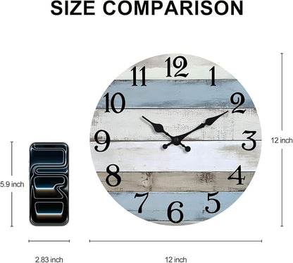JoFomp 12 Inch Wall Clocks Battery Operated, Silent Wall Clock Non Ticking, Coastal Country Design Rustic Wall Clocks for Living Room Decor, Wooden Wall Clock for Bedroom Kitchen Bathroom