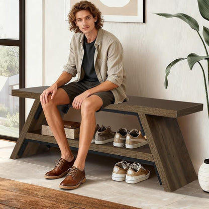 2-Tier Shoe Bench,Solid Wood Shoe Storage Bench,Modern Narrow Bench for Entryway, Kitchen, Bedroom, Dining（Brown）
