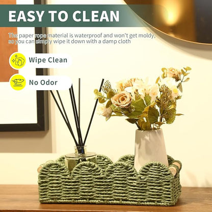 Paper Rope Storage Basket Set of 2 with Wooden Handles - Scalloped Toilet Paper Organizer, Cute & Functional Home Decor for Bathroom or Living Room (Green)
