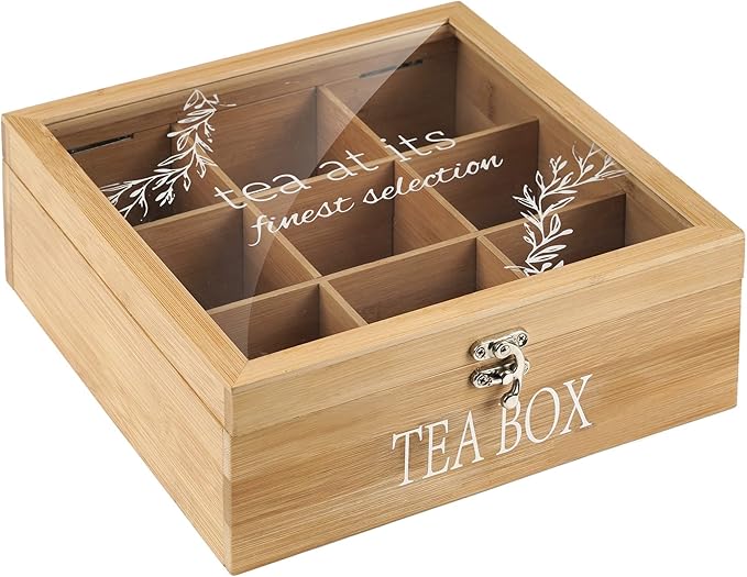 Tea Box Organizer,Decorative Tea Storage,BambooTeas Bag Holder Organizer,Modern Teas Organizers and Storage with 9 Compartments for Coffee,Tee & Sugar Pods,Packets & More