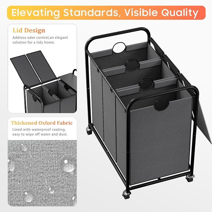 180L (47.55 Gal) Laundry Sorter 3 Section, Rolling Laundry Basket with Lockable Wheels and Lid, Laundry Hamper with 3 Separated Removable Bags Dirty Clothes Hamper for Laundry Room Organizer, Grey