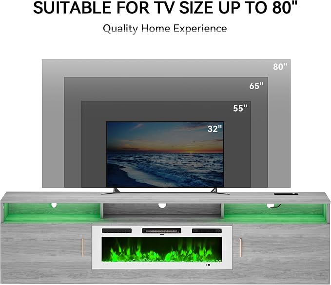 MXV 78" Fireplace TV Stand with Power Outlet for TVs UP to 90", Electric Fireplace Entertainment Center with LED Lights & Storage Cabinets, TV Console for Living Room, Office, Grey-White