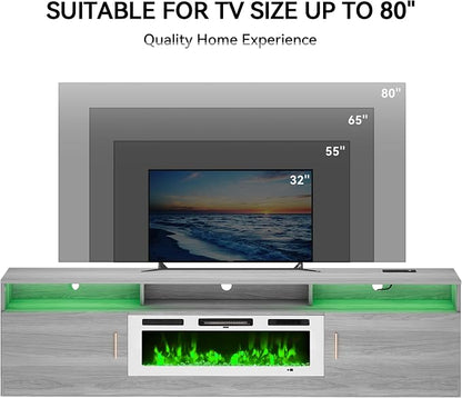 MXV 78" Fireplace TV Stand with Power Outlet for TVs UP to 90", Electric Fireplace Entertainment Center with LED Lights & Storage Cabinets, TV Console for Living Room, Office, Grey-White