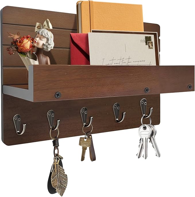 Key Holder for Wall, House Decor Mail Organizer Wall Mounted with Shelf & 5 Hooks for Hanging Dog Leash, Sunglasses, Hats, Rustic Key Rack Apartment Eseentials Wooden Key Hanger