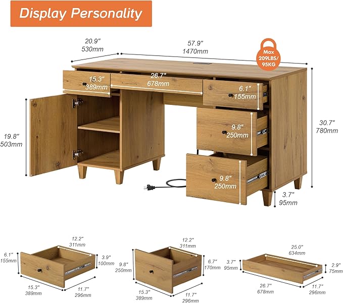 WAMPAT Executive Desk with Drawers & Storage Cabinet, 58 Inch Modern Wooden Office Desk with Charging Station & Keyboard Tray, Home Office Large Computer Desk, Work & Study Writing Desk, Oak Brown