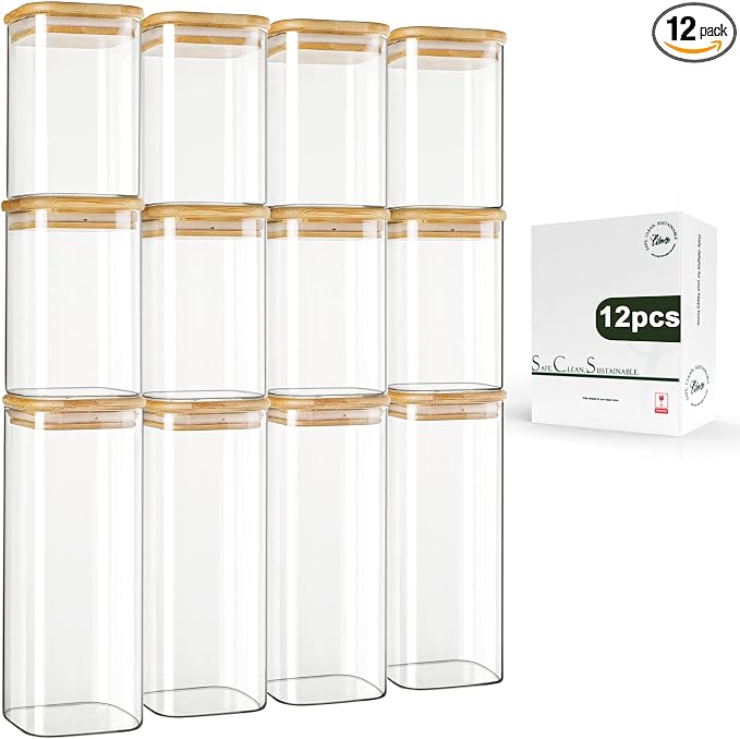 LIBWYS 12-Pack Square Glass Storage Jars with Bamboo Lids (0.6Qt/1.06Qt) - Stackable Food Containers for Pantry Organization, Coffee, Flour, Snacks, Tea | Kitchen Canisters Set