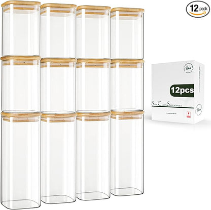 LIBWYS 12-Pack Square Glass Storage Jars with Bamboo Lids (0.6Qt/1.06Qt) - Stackable Food Containers for Pantry Organization, Coffee, Flour, Snacks, Tea | Kitchen Canisters Set