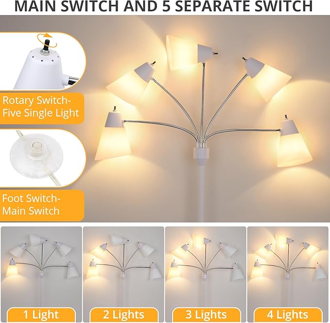 FOLKSMATE Floor Lamp, Medusa Multi Head Modern Tall Standing Light Fixture, Rustic Adjustable LED Reading Light for Living Room, Bedroom, Kids 5 White & Colored Lamp Shades, White