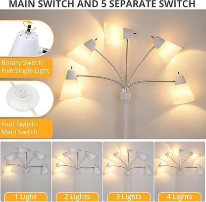 FOLKSMATE Floor Lamp, Medusa Multi Head Modern Tall Standing Light Fixture, Rustic Adjustable LED Reading Light for Living Room, Bedroom, Kids 5 White & Colored Lamp Shades, White