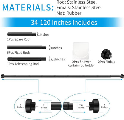 Tension Curtain Rod 34-120In(3-10Ft) with 2 Rod Holders, No Drilling Never Rust Long Shower Curtain Rod, Adjustable Spring Curtain Rod for Large Window or Outdoor Patio, Stainless steel, Matte Black