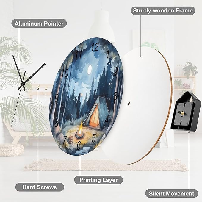 Forest Wall Clock Silent Non Ticking Battery Operated, Watercolor Mountain Forest Nature Tree Woodland Camping Clock Decorative for Bathroom Kitchen Bedroom Living Room(12 Inch)