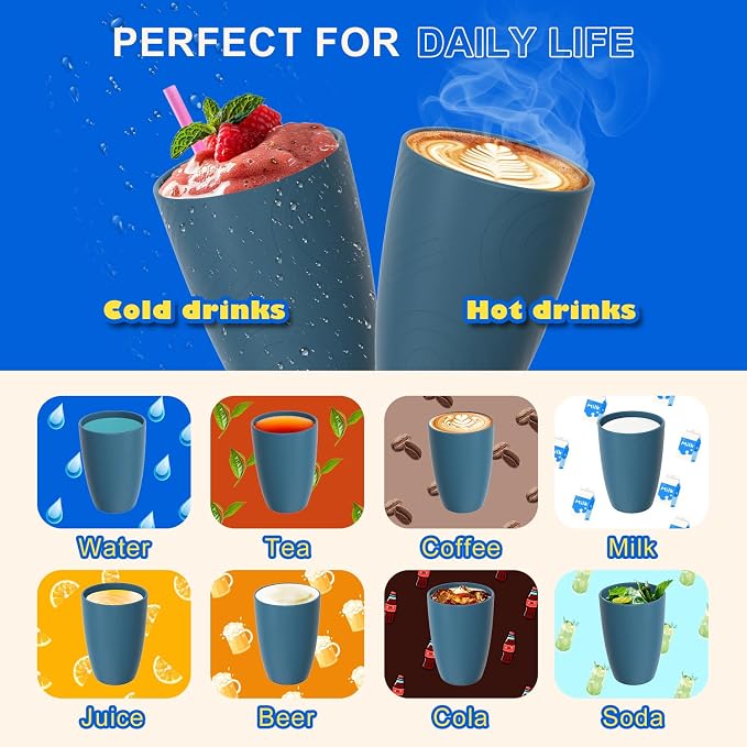 Wheat Straw Cups, Unbreakable Reusable Plastic Cup Set of 6, Lightweight Dishwasher Safe Kids Drinking Cups 12 OZ for Everyday Use, Kitchen, RV, Camping, Blue