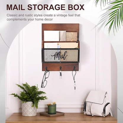 Yalikop Farmhouse Mail Organizer Wall Mounted Rustic Mail Holder Hanging Key Sorter with 3 Hooks Indoor Wooden Wall Mounted, Letter, Magazines, Newspapers, Keys (Classics,Dark Brown)