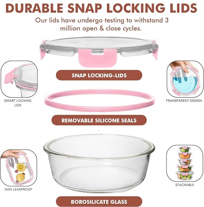 Razab 30 PC Glass Food Storage Containers with Lids - Reusable Glass Meal Prep Containers for Lunch and Leftovers - Airtight & Leakproof Snap Locking Lids - Oven, Freezer, Microwave, Dishwasher Safe