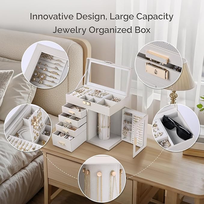 CASEGRACE Large 5-Layer Jewelry Organizer Box with 360° Rotating Necklace Holder, 4 Drawers -Jewelry Case for Necklaces, Rings, Earrings, Bracelets, Watches | Elegant Storage & Gift for Women